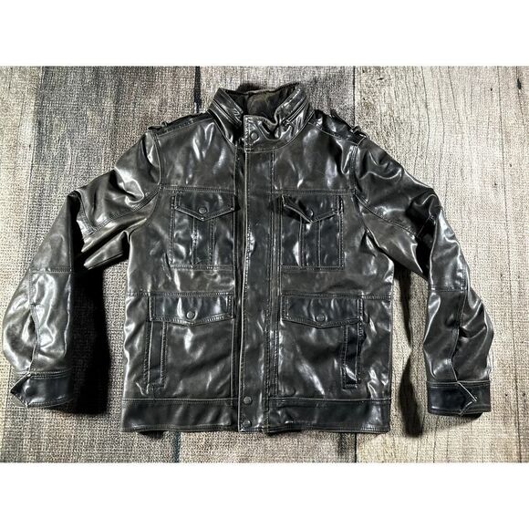 Levis Jacket Mens Medium Dark Brown Faux Leather Stowaway Hood - Picture 2 of 10